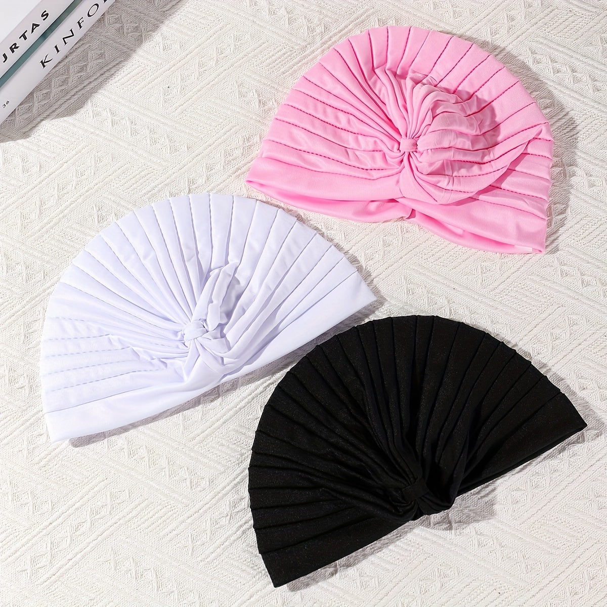 3pcs Set Satin Pleated Turban Cap Solid Head Wraps Elastic Bonnet Head Scarf