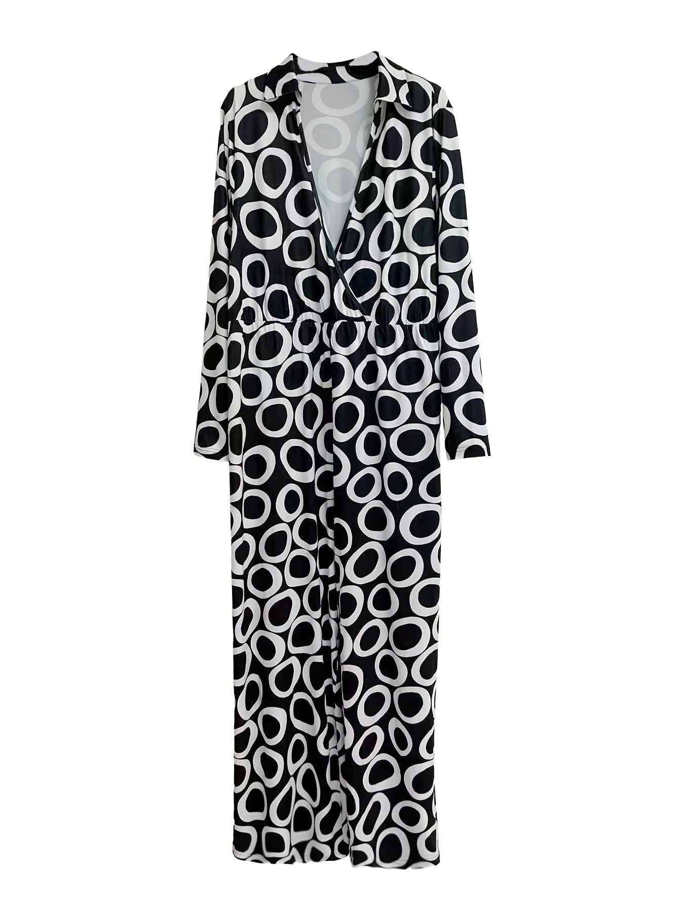  Geo Print Long Sleeve Wide Leg Jumpsuit