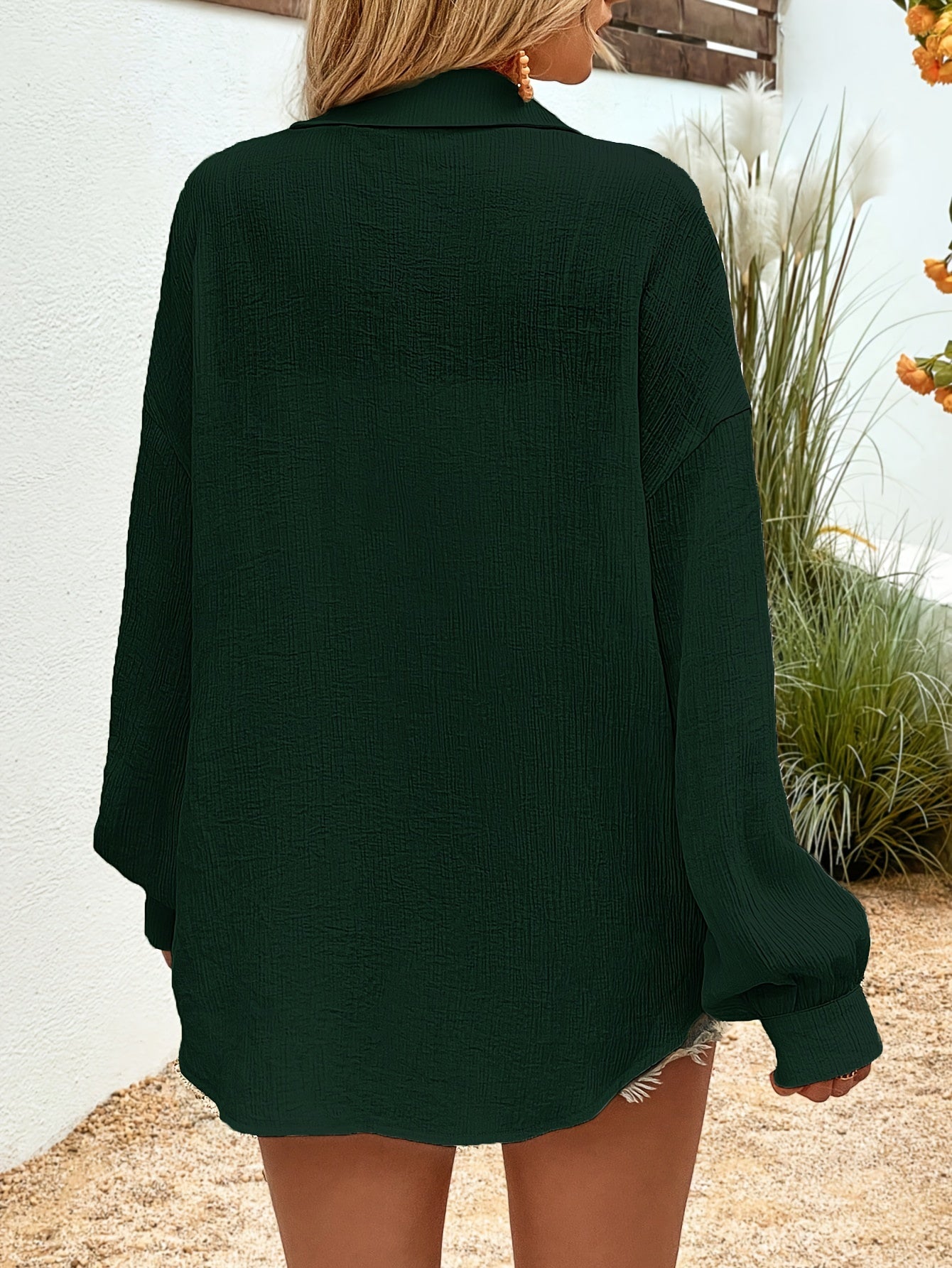 Women's Plus Solid Button Up Long Sleeve Blouse