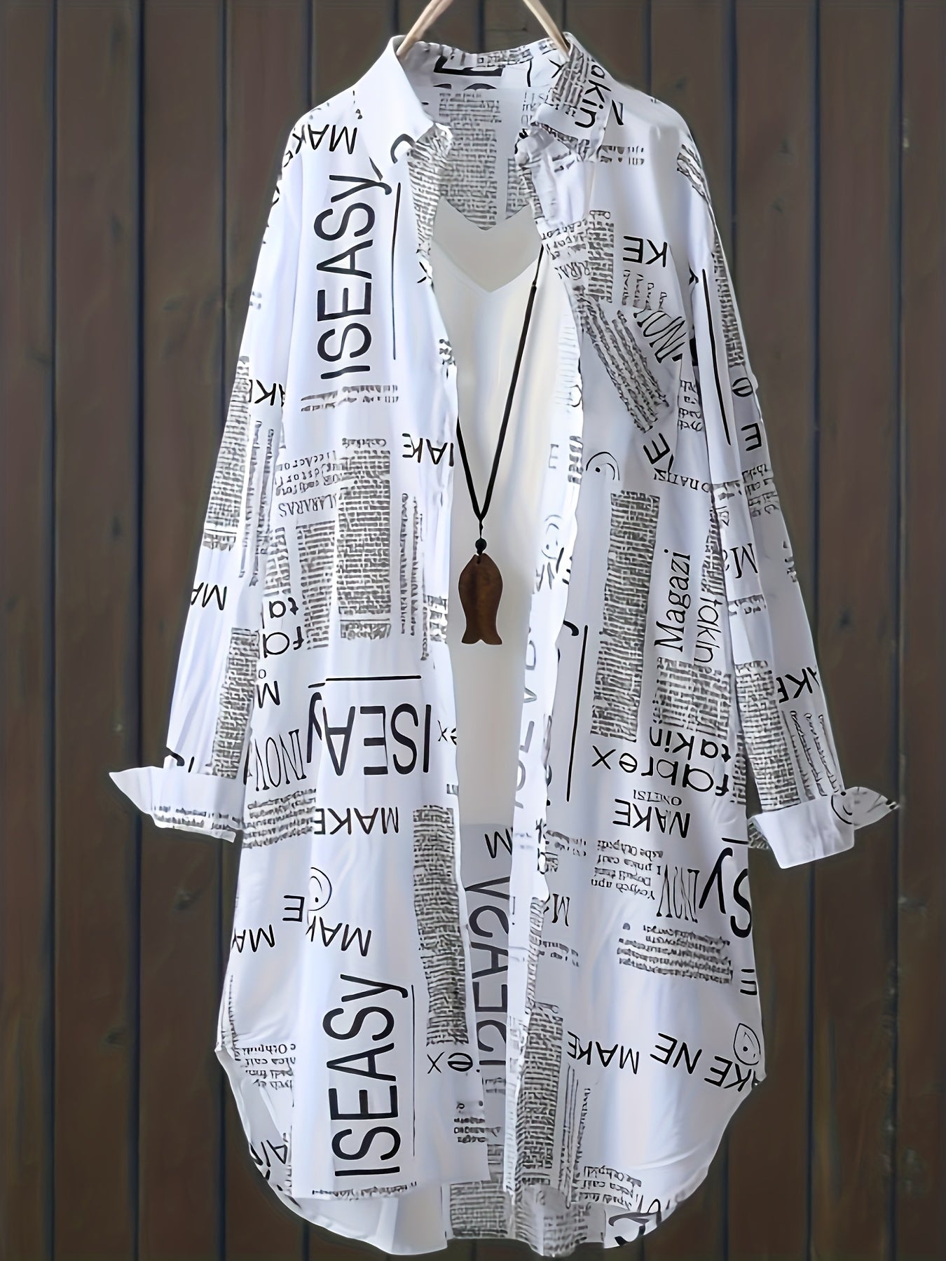  Letter Print Button Up Long Sleeve Blouse