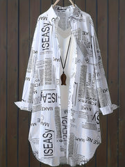  Letter Print Button Up Long Sleeve Blouse