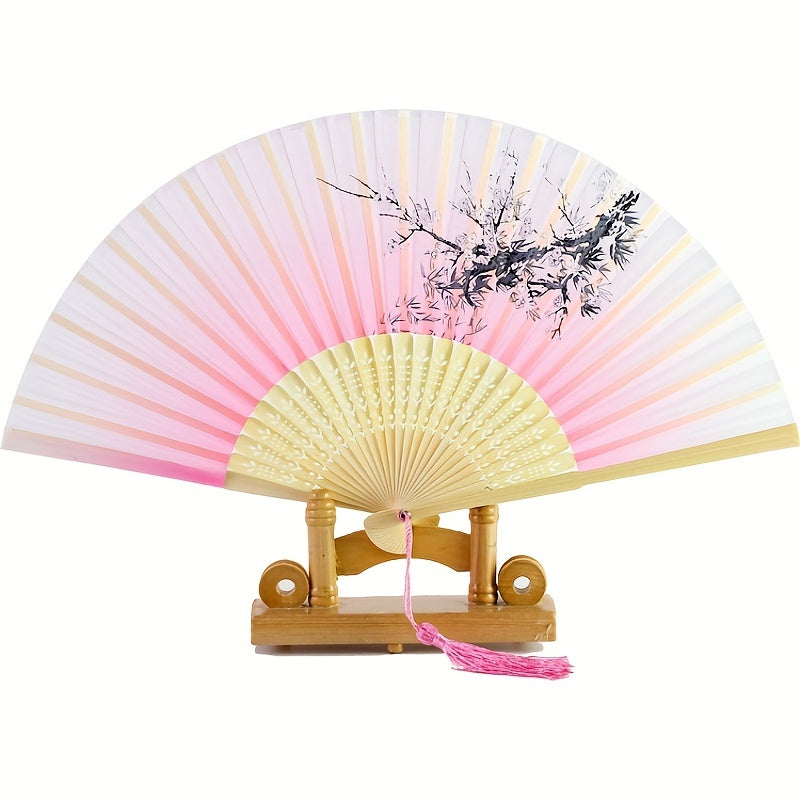 Chinese Silk Folding Fan Wooden Handle Classical Dance Fan