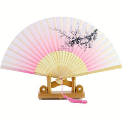 Chinese Silk Folding Fan Wooden Handle Classical Dance Fan