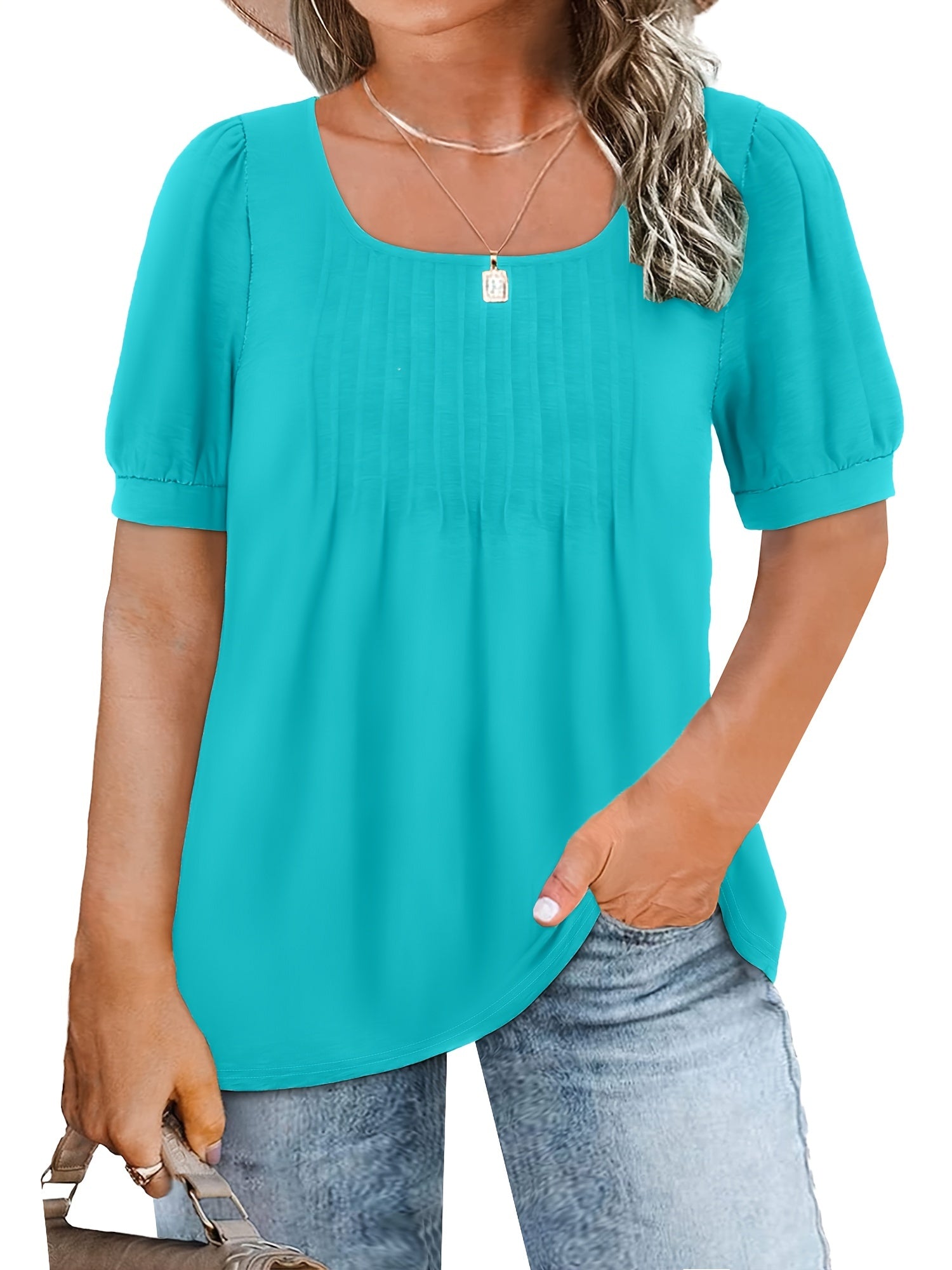  Casual Top Women's Plus Solid Seam Detail Short Sleeve