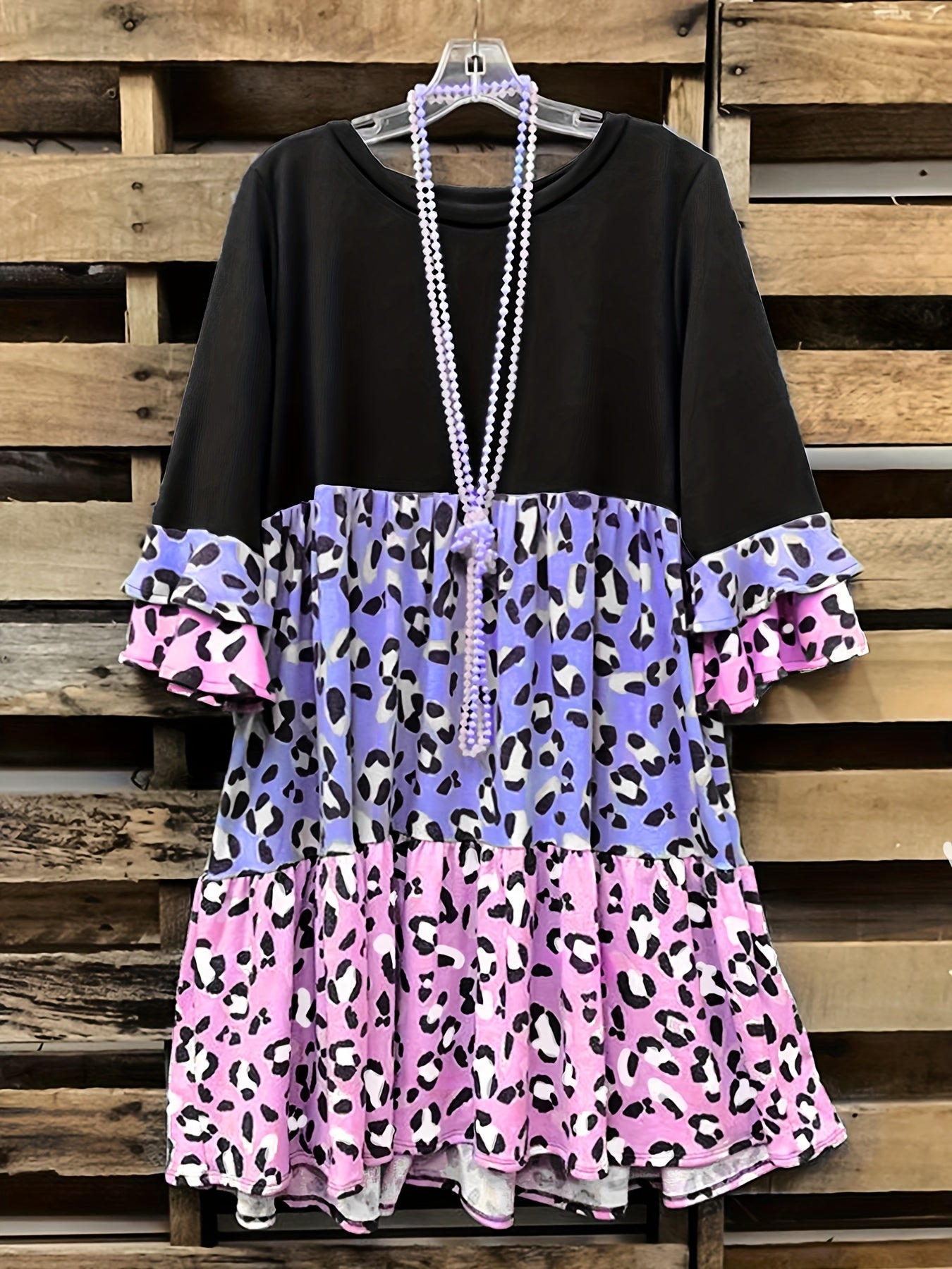  Colorblock Leopard Print Layered Sleeve Smock Dress