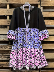  Colorblock Leopard Print Layered Sleeve Smock Dress