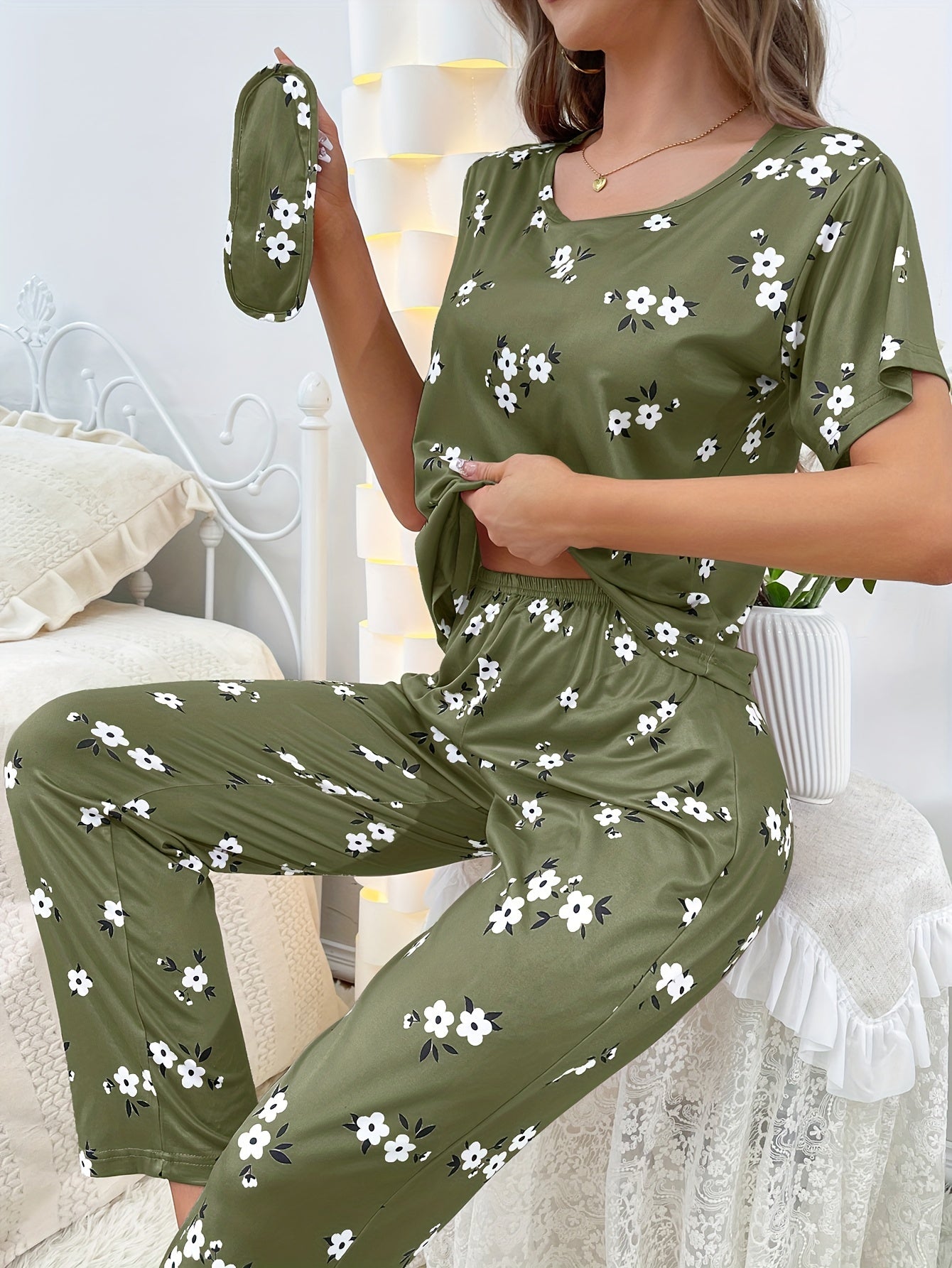 Floral Print Pajamas Set Short Sleeve Top & Pants