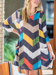  Colorblock Geometric Print Long Sleeve Mini Dress
