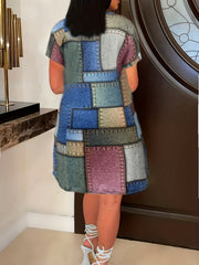  Colorblock Denim Print Short Sleeve V Neck Dress