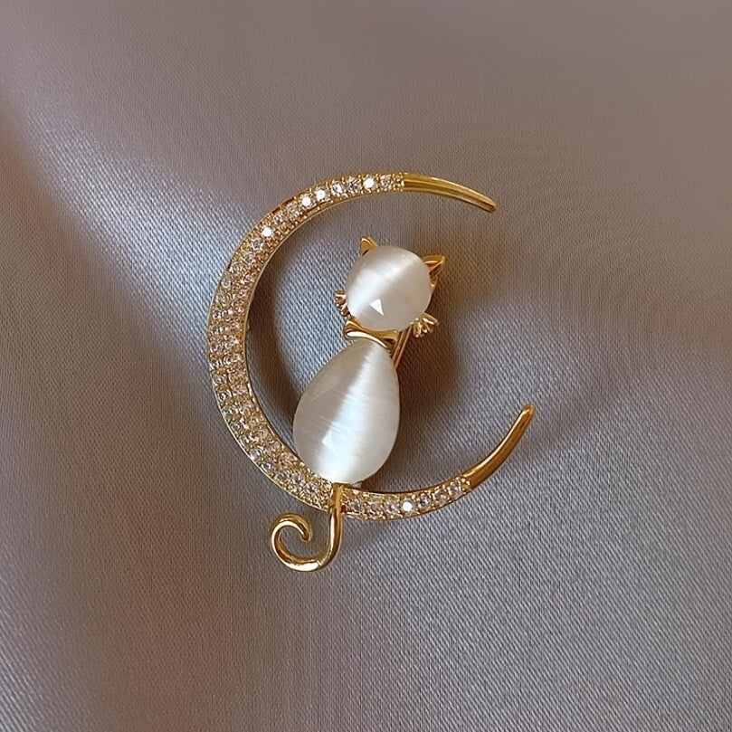 Cat Brooches Crystal Moon Stone Animal Pin