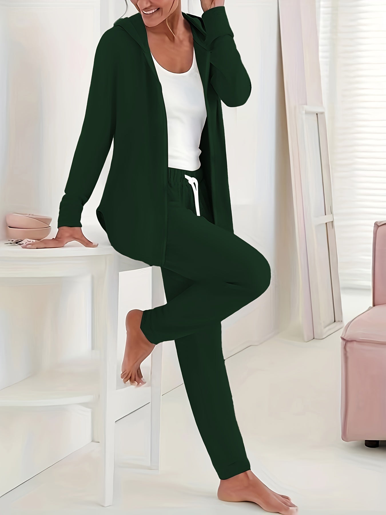  Solid Hooded Zip Coat & Drawstring Pants Set