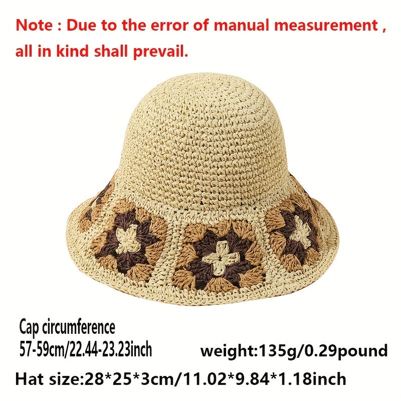 Vintage Rainbow Flower Bucket Hat Hand Crochet Foldable Straw Beach Hats