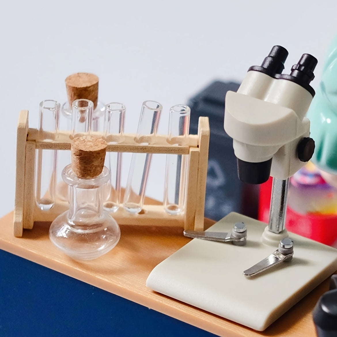 10pcs Mini Dollhouse Science Lab Set Microscope Test Tubes - Plastic Wood Glass