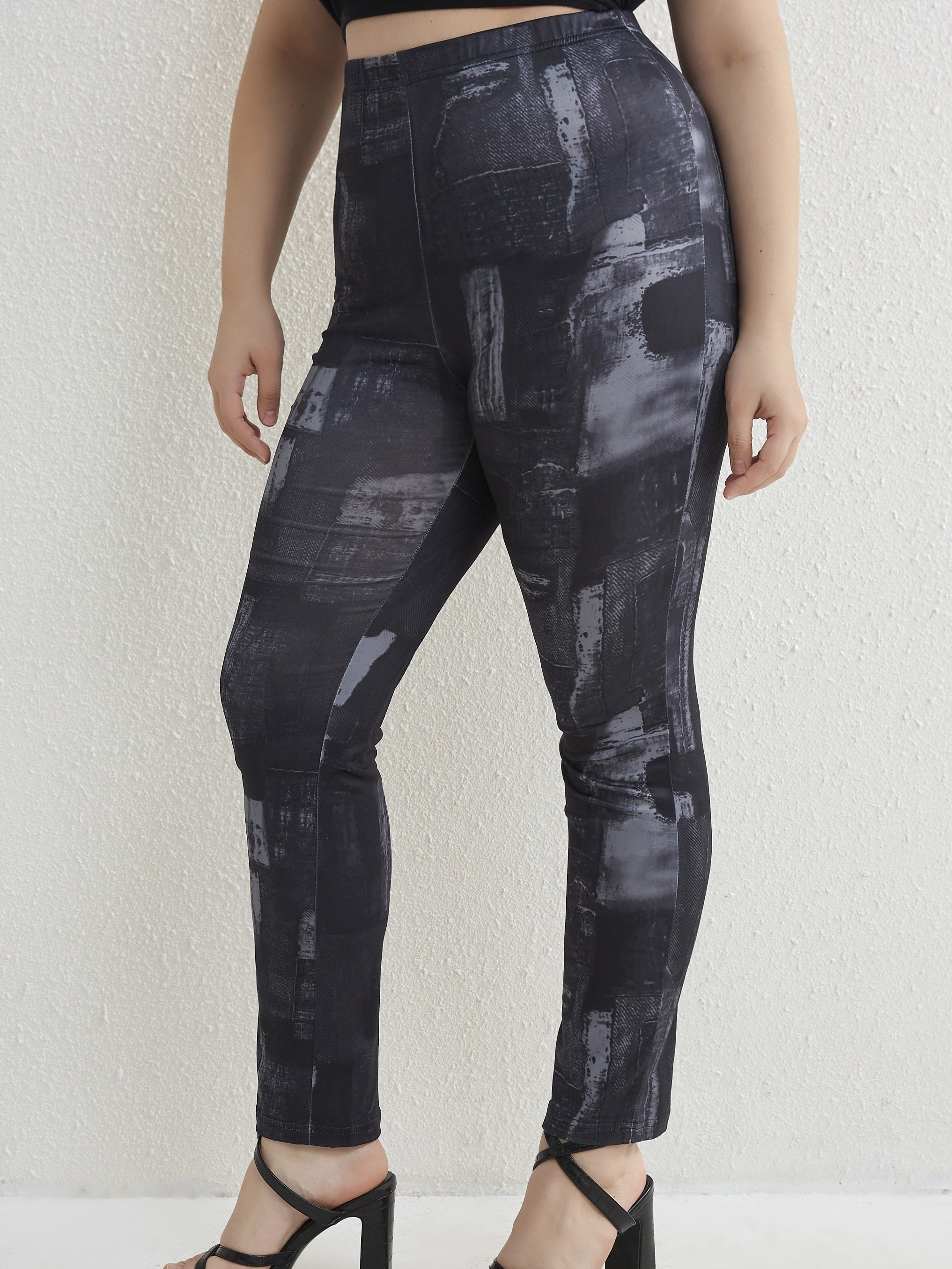  Colorblock Denim Print Stretch Leggings