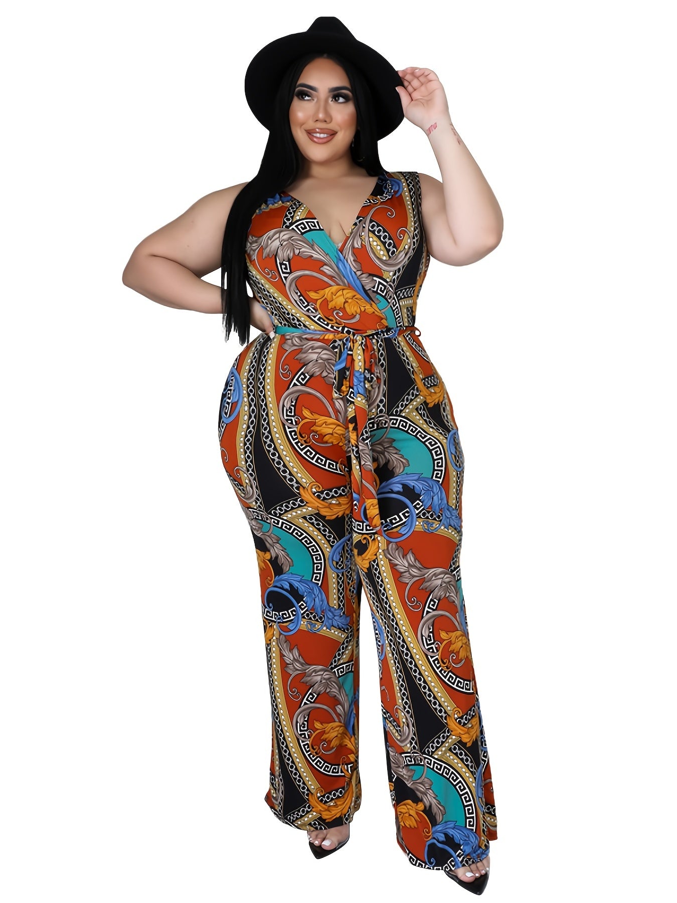  Random Print Jumpsuit Women's Plus Casual Jumpsuit