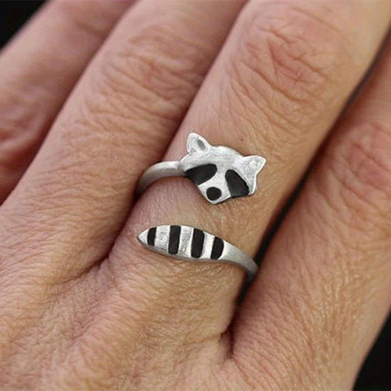 Vintage Raccoon Open Ring Silver Plated