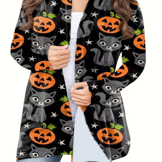  Pumpkin & Cat Print Cardigan, Long Sleeve Open Front