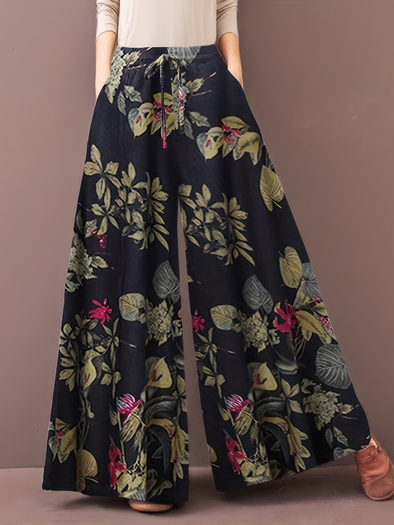  Pants Women's Plus Floral Print Elastic Drawstring Wide Leg Pants