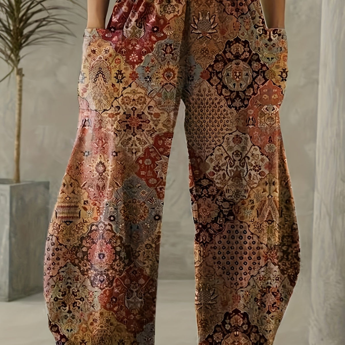  Boho Patchwork Print Wide Leg Pants