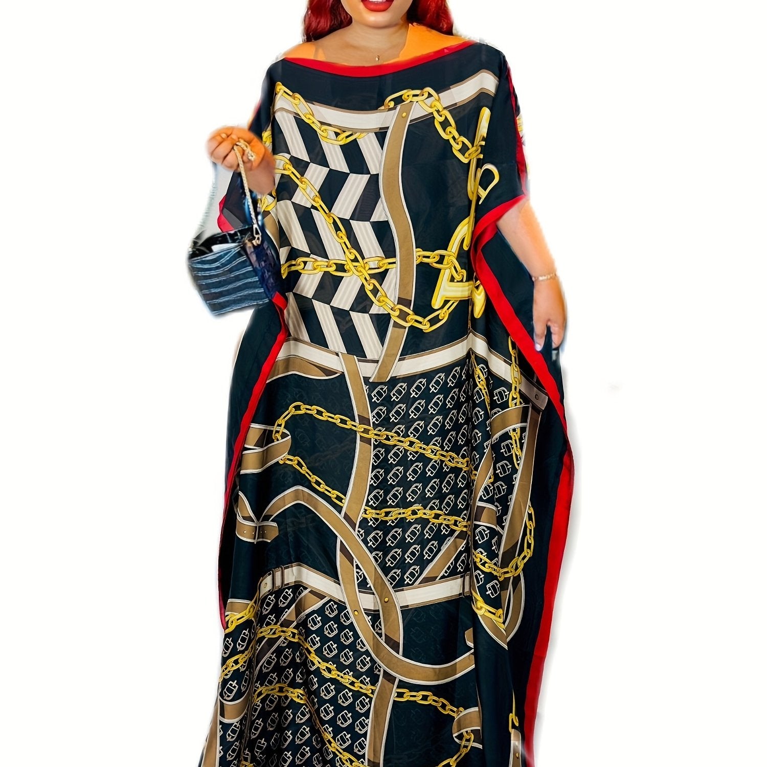  Colorblock Chain Print Maxi Kaftan Dress