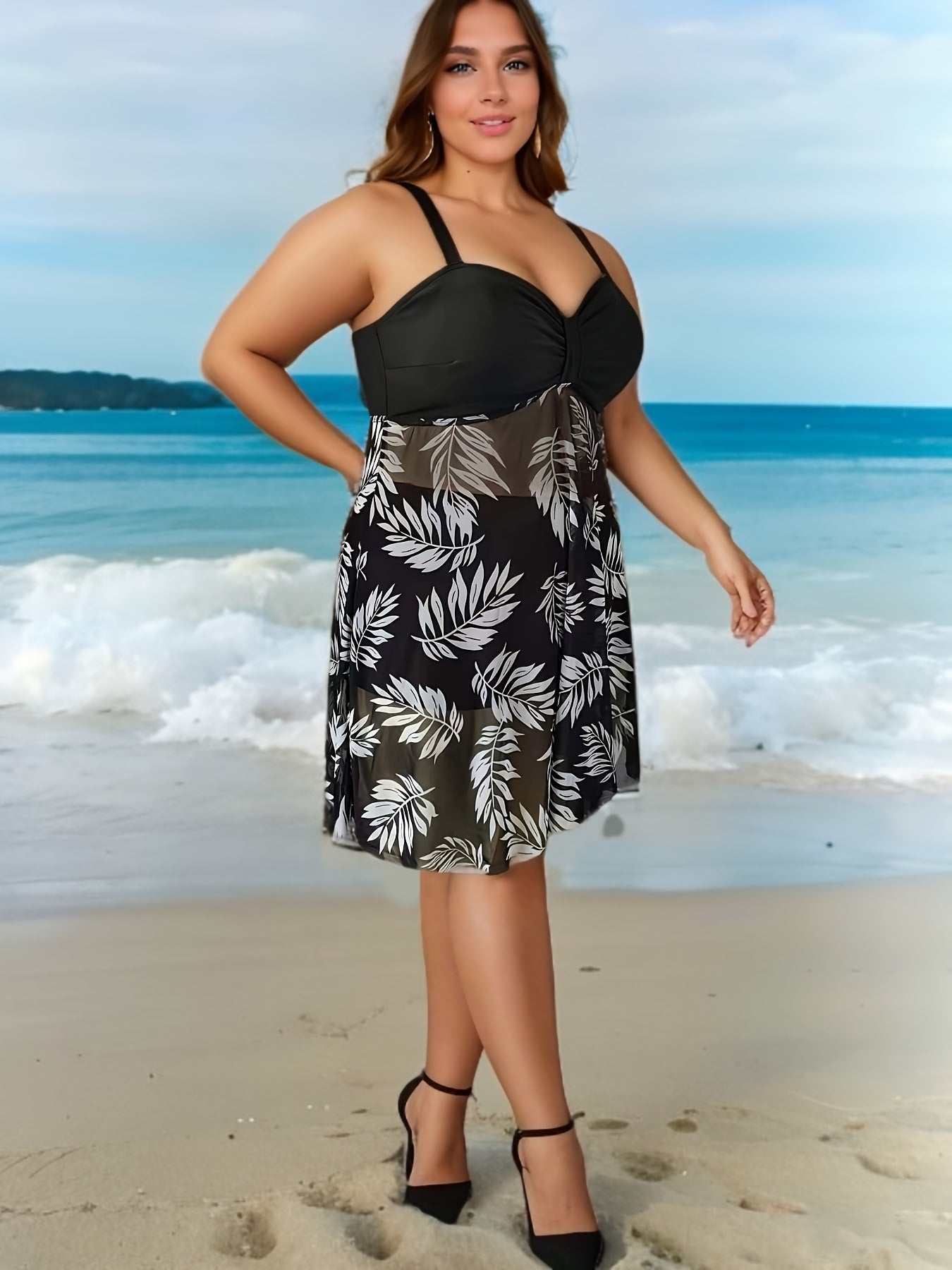  Vacay Tankini Set Women's Plus Contrast Tropical Print