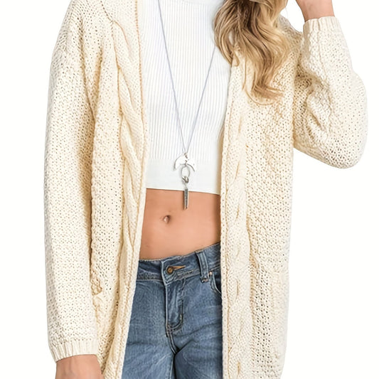  Solid Cable Long Sleeve Open Front Cardigan With Pockets