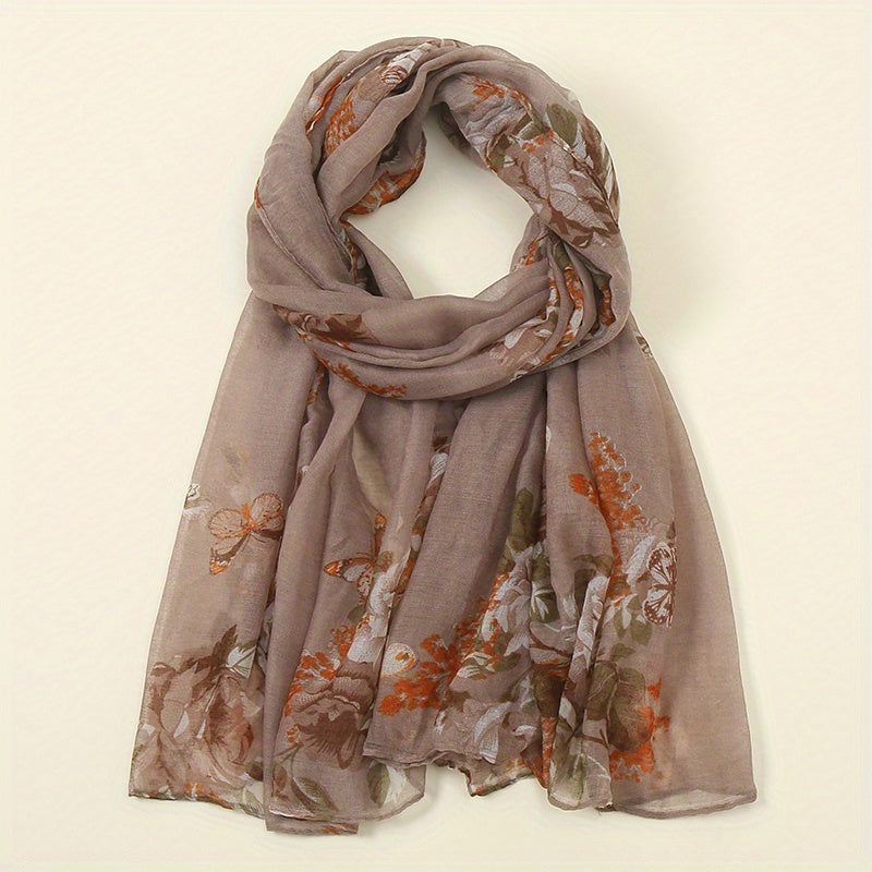 Vintage Flower Print Voile Scarf Butterfly Plants Windproof Shawl