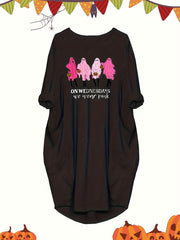  Halloween Dress Women's Plus Ghost Print Long Sleeve Round Neck Dress