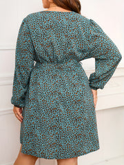  Leopard Print Lantern Sleeve Swing Dress With Belt
