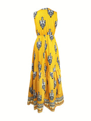  Geometric Print Cut Out Tie Front Mock Neck Dress