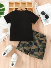 Boys Cartoon Tractor & Letter Print T-shirt & Shorts Set
