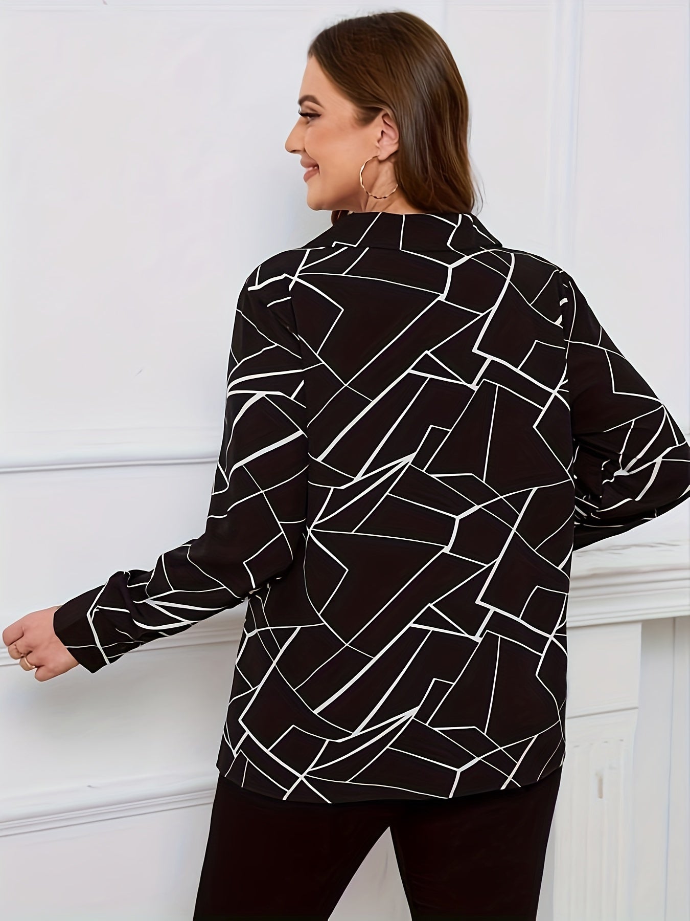  Casual Blouse Random Print Long Sleeve Lapel Collar Blouse