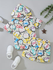 2pcs Little Boy Casual Call Graphic Hooded Short Sleeve Tees & Shorts Set