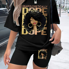  Cartoon Print Tee & Shorts Set Women's Casual 2pcs Outfits