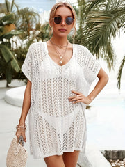 Crochet Side Split Cover Up Dress Short Sleeve Boho Beach Coverup
