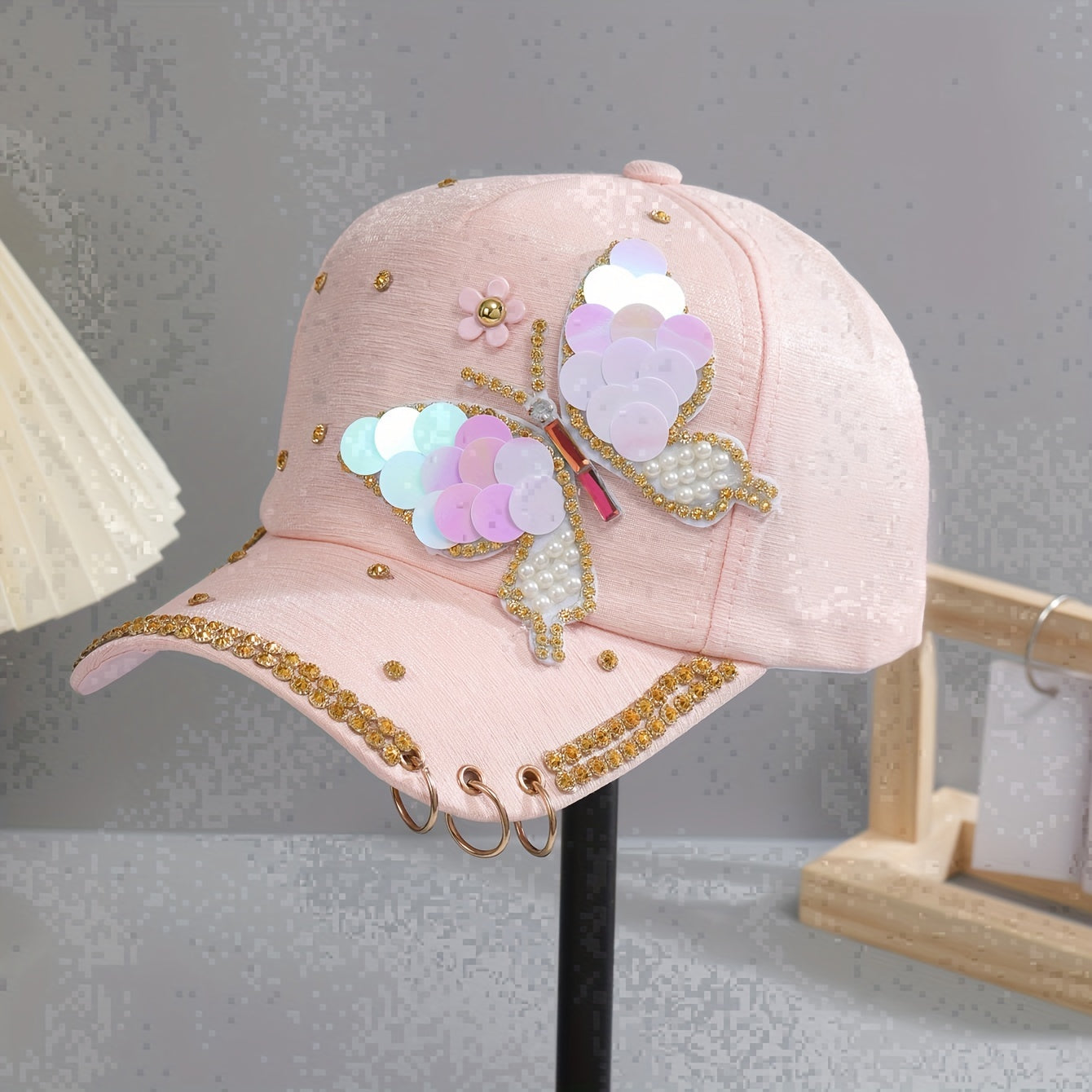 Y2K Butterfly Baseball Cap Rhinestone Sequin Pearl Cotton Hat