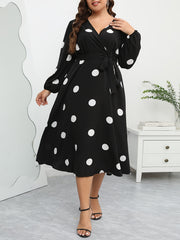  Polka Dot Lantern Sleeve Midi Dress