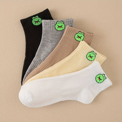 5 Pairs Frog Print Socks Crew Short Comfy Stockings Women's Hosiery