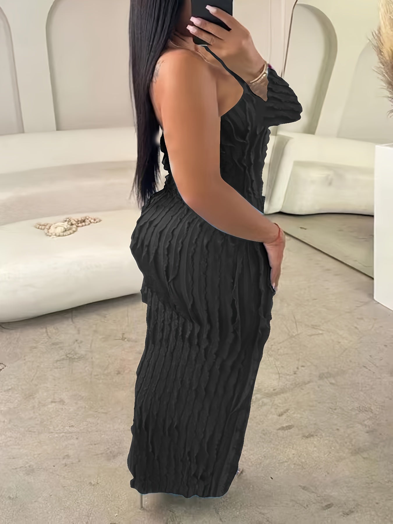  Party Dress Solid Ruffle Trim Bodycon Midi Dress