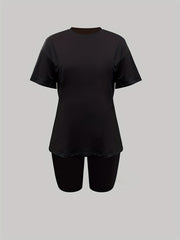 Casual Solid Tee & Slim Shorts Set Women's Clothing