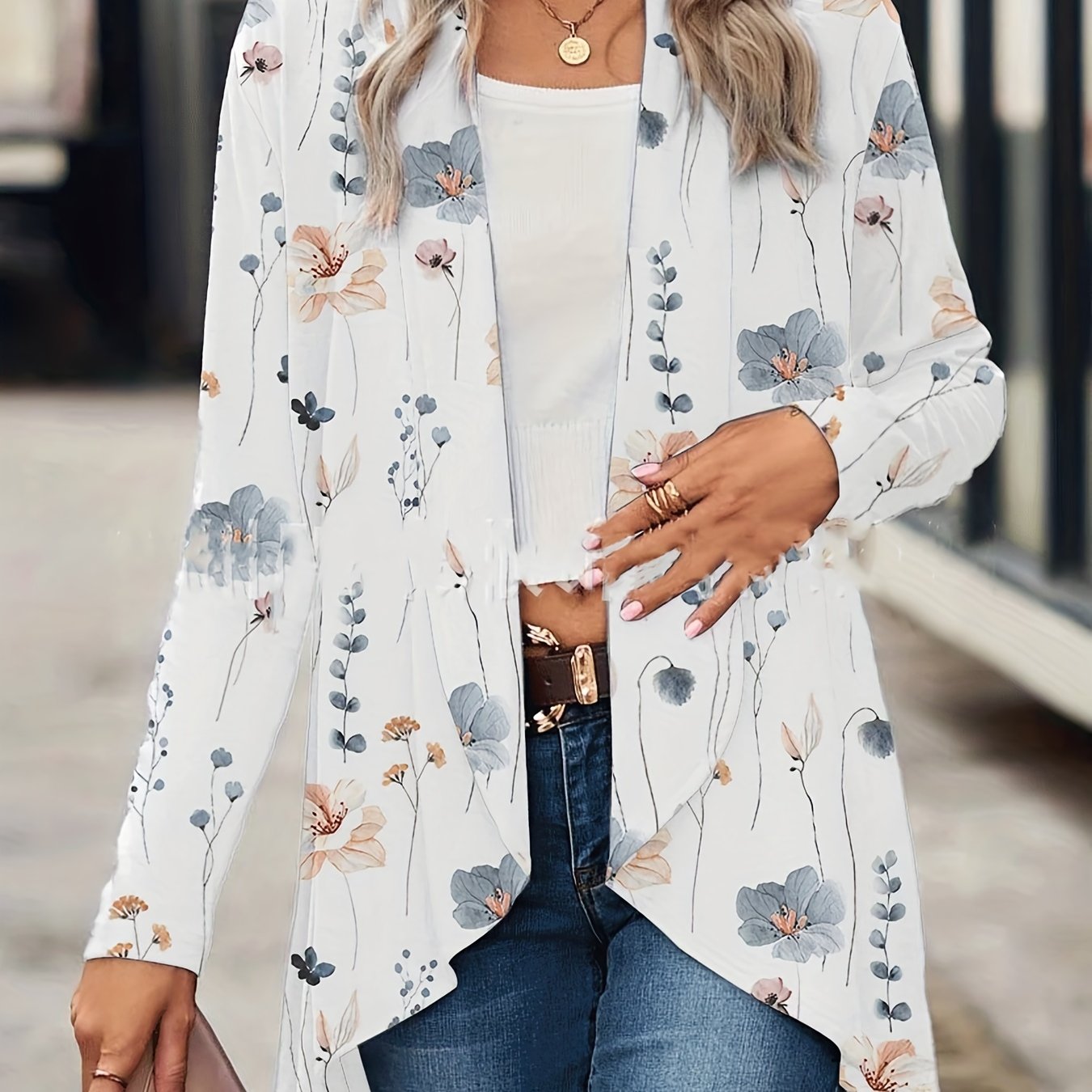  Floral Print Open Front Cardigan