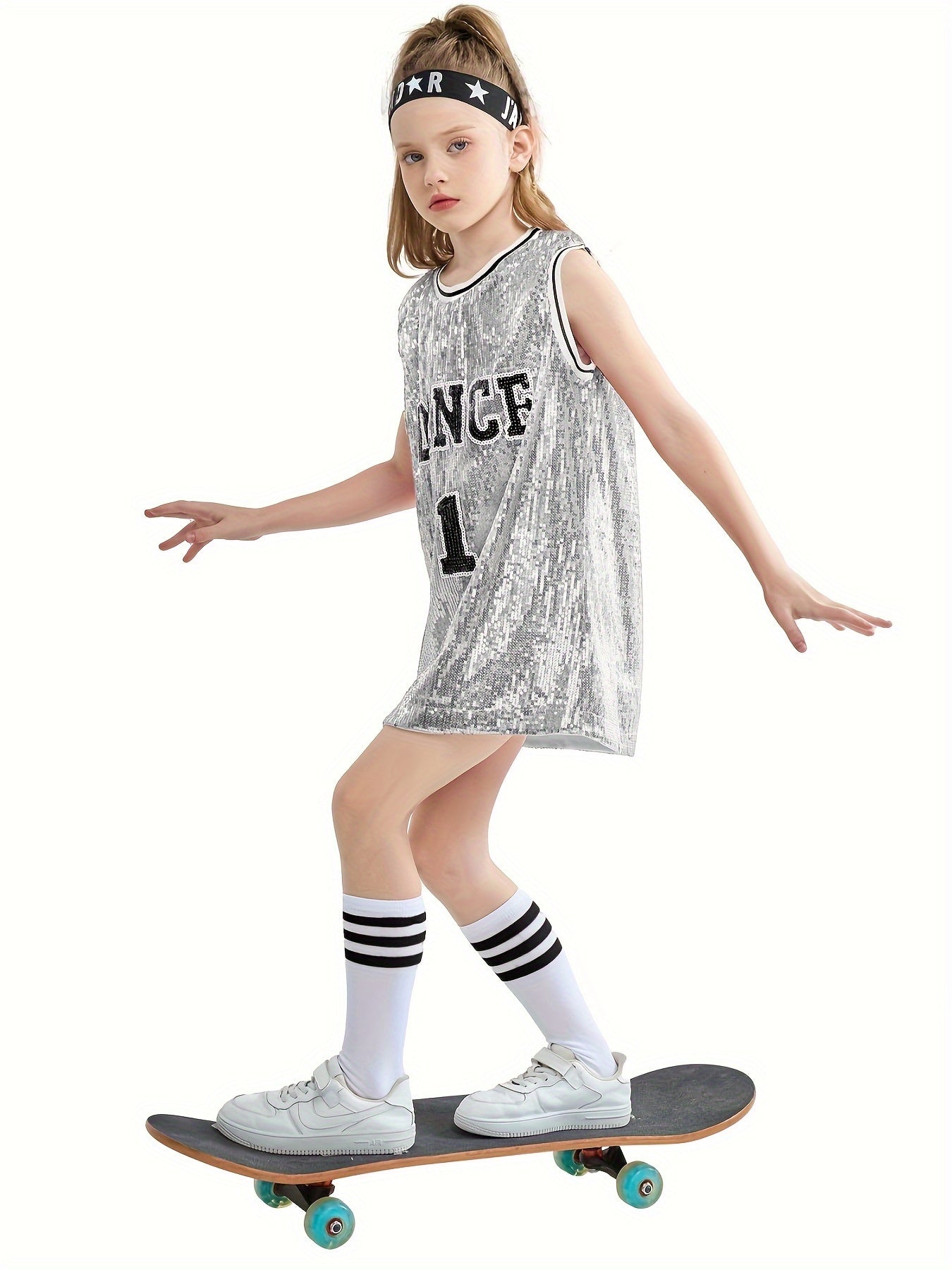 Girls Sequin Sleeveless T shirt Dress Socks Set For Dance Performance