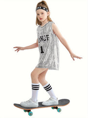 Girls Sequin Sleeveless T shirt Dress Socks Set For Dance Performance