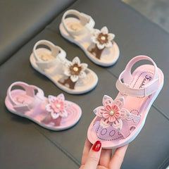Girls Flower Open Toe Hook And Loop Sandals Non Slip Princess Shoes For Kids