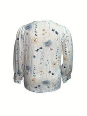 Women's Plus Floral Print Lace Sleeve V-Neck Top