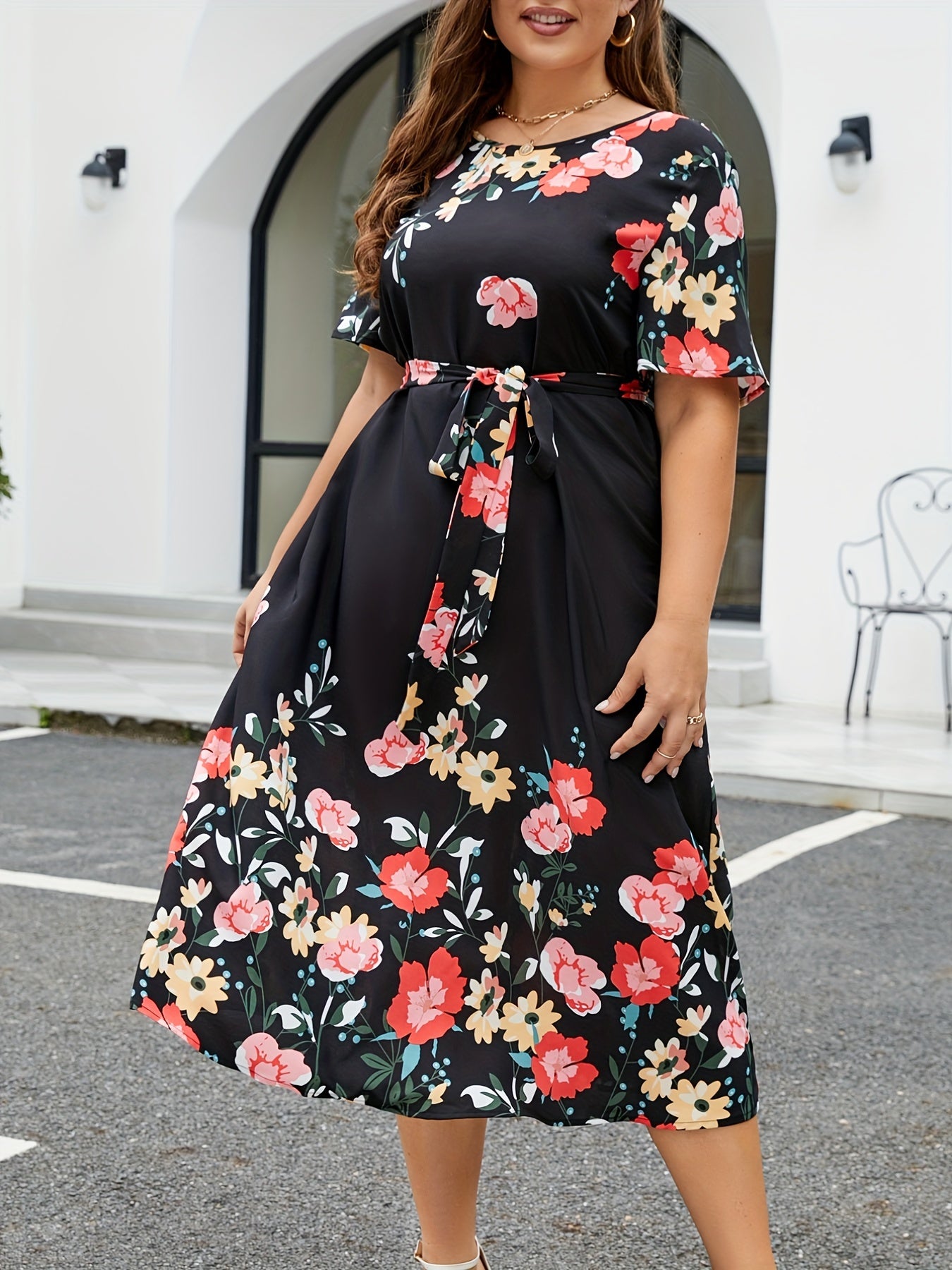  Floral Print Midi Dress With Belt