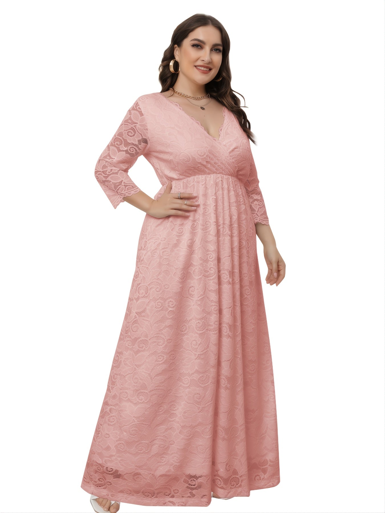  Lace Deep V Neck 3/4 Sleeve Wedding Maxi Dress