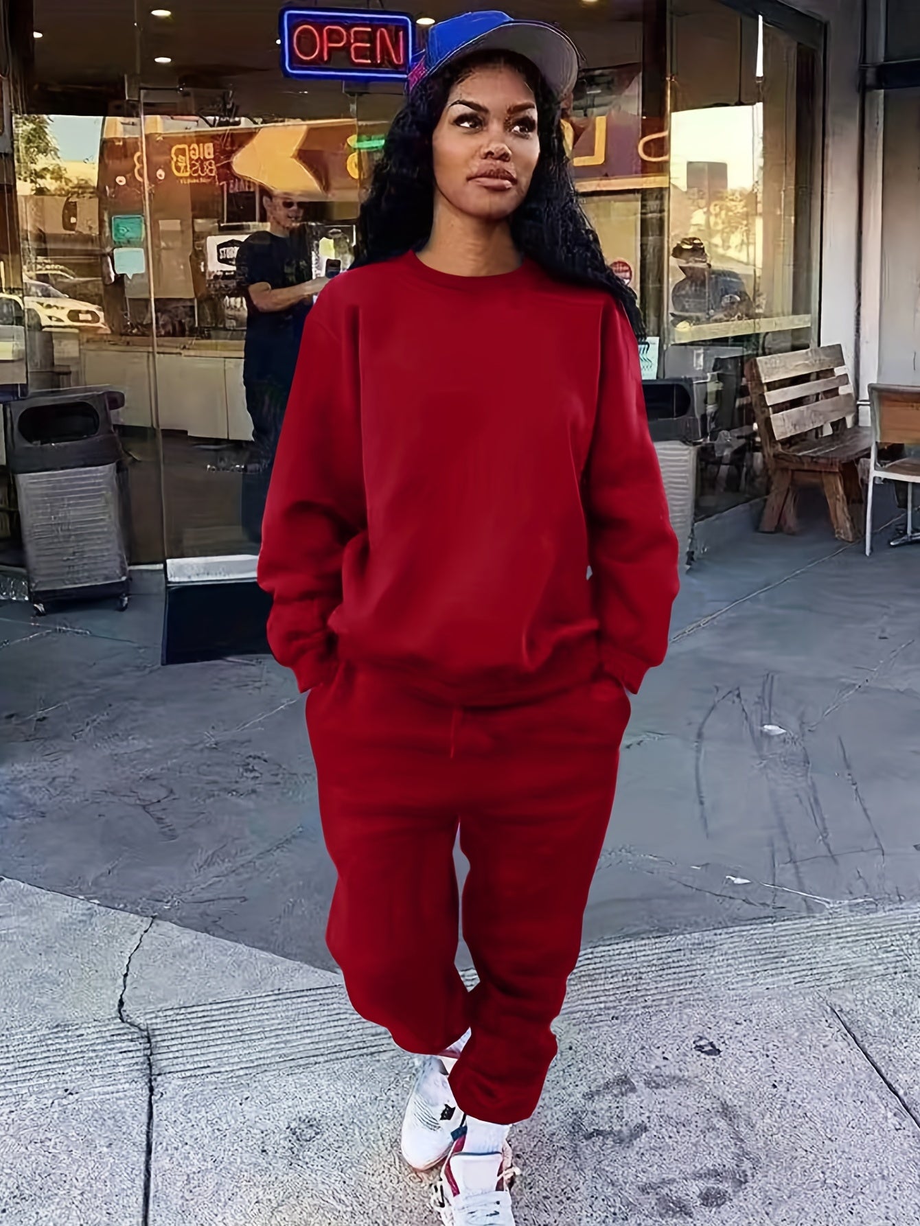 Solid Workout Set Crew Neck Long Sleeve Tops & Pants Outfits
