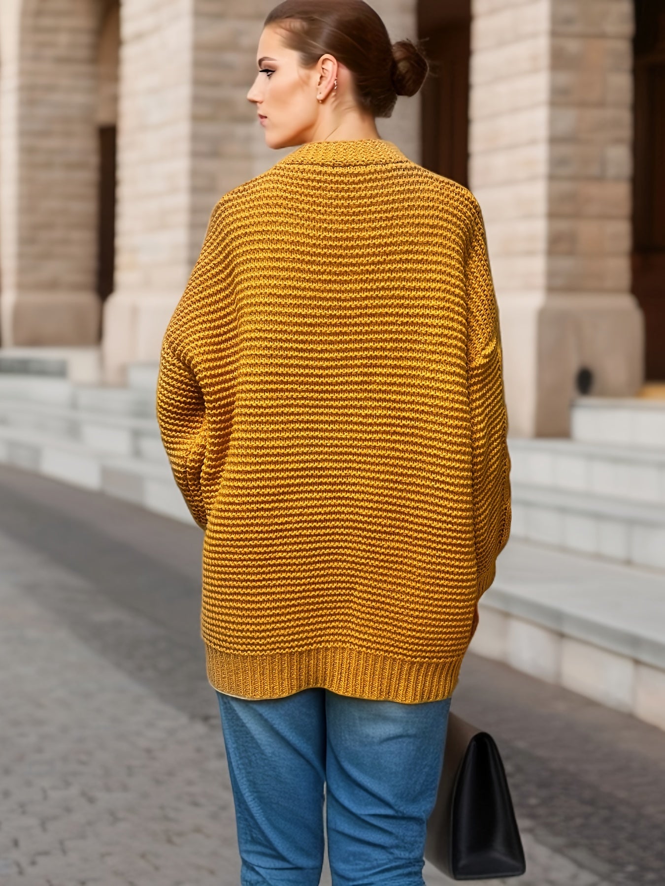 Women's Plus Size Solid Long Sleeve Open Front Knitted Cable Knit Cardigan