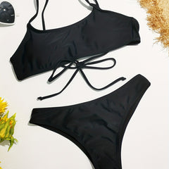 Criss Cross Strappy Back High Cut Black Bikini Set